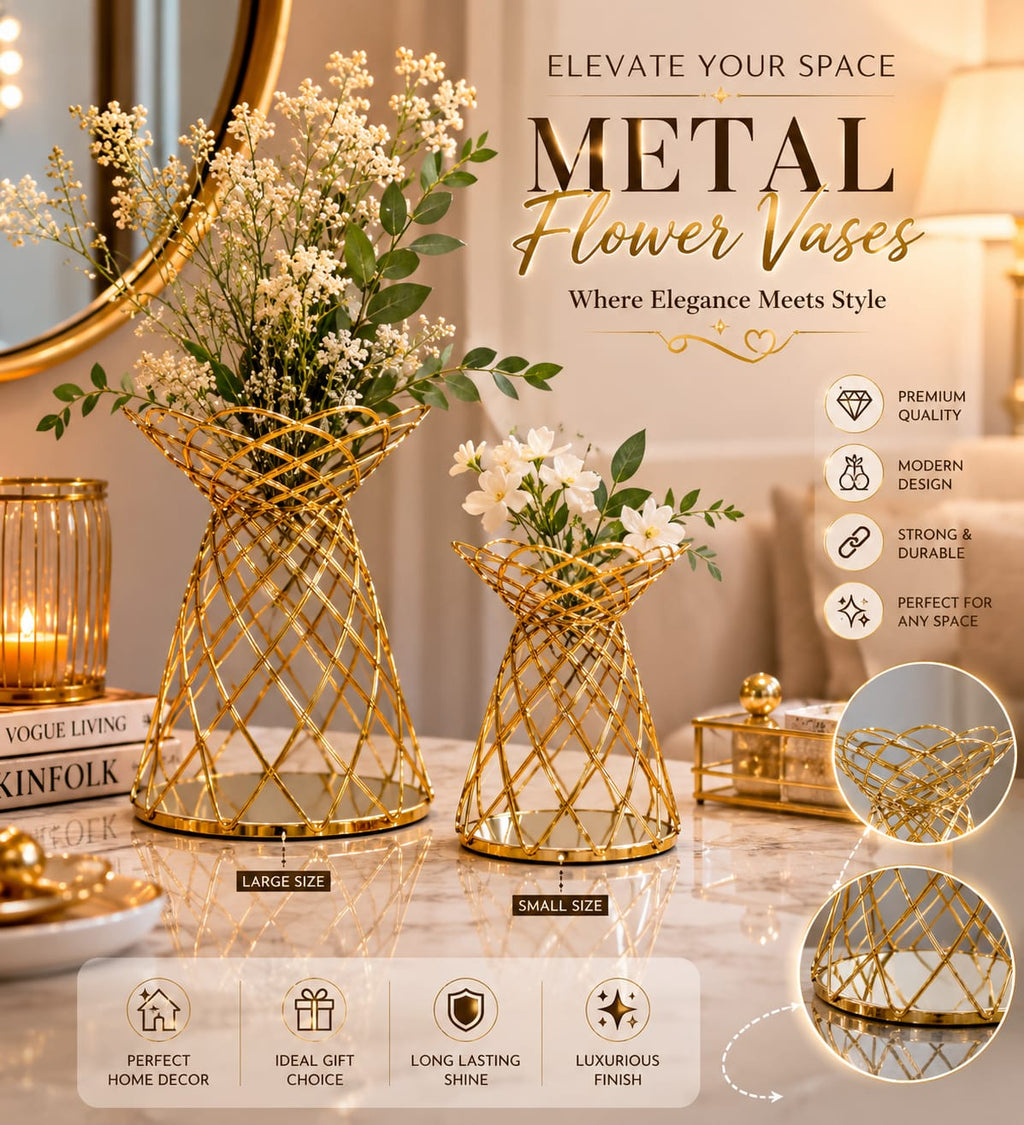 Luxe Metal Vase – Modern Decorative Table Centerpiece for Home & Office | 15x15x18cm
