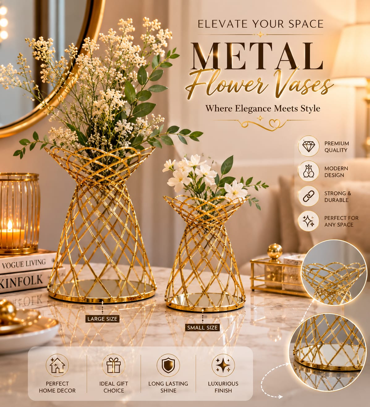 Luxe Metal Vase – Modern Decorative Table Centerpiece for Home & Office | 15x15x18cm