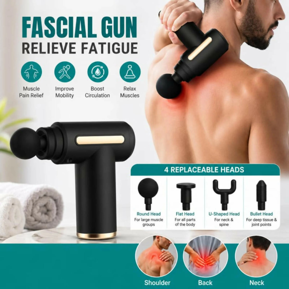 4-in-1 Gun Massager With 5 Speed Modes | Rechargeable Gun Massager Machine For Foot and Neck Massage | Gun Massager Machine
